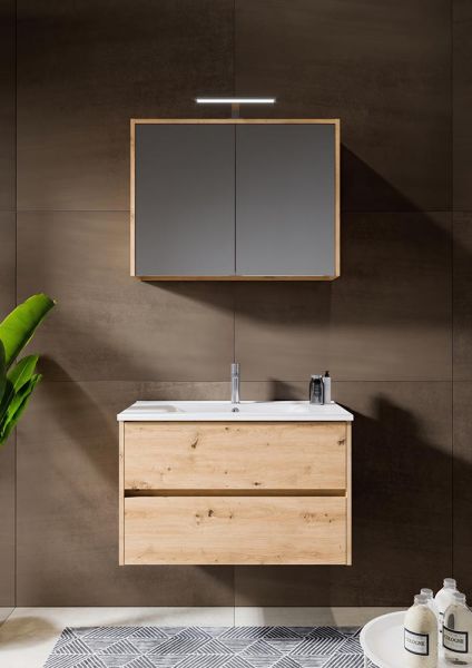 RIHO Porto Wave Waschtisch mit Unterschrank 80cm & LED-Spiegelschrank, eiche natur F014058DP6