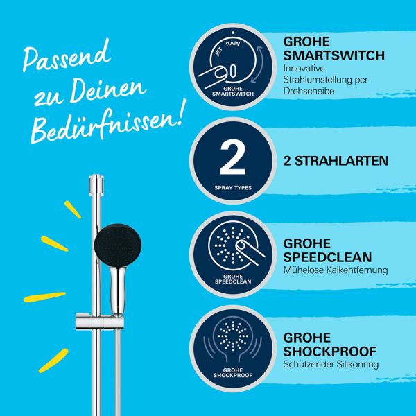 Grohe QuickFix Vitalio Start 110 Brausestangenset eckig 90cm mit Handbrause & Schlauch, chrom