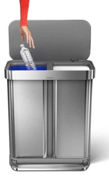 simplehuman rechteckiger Treteimer mit Doppelfach & Beutelfach, 58 Liter, edelstahl gebürstet