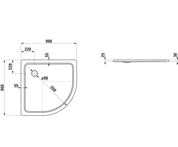 Laufen Platina Duschwanne Viertelkreis 90x90cm extraflach, Einbauhöhe 2,5cm