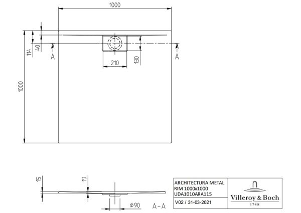 Villeroy&Boch Architectura MetalRim Duschwanne, Randhöhe 1,5cm, superflach, 100x100cm