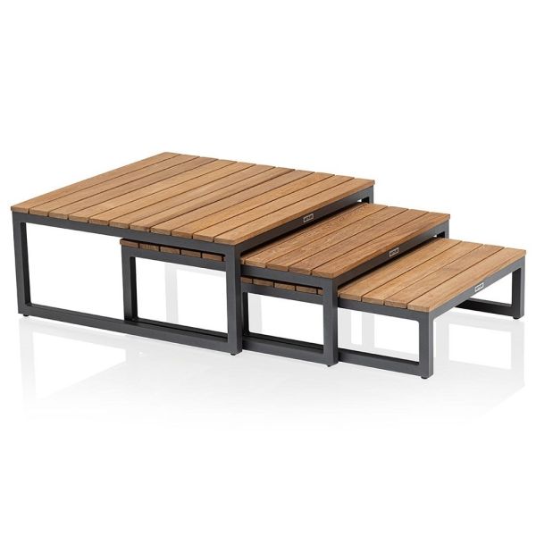 KETTLER OCEAN SKID PLATFORM Lounge-Tisch 3er Set mit Teak-Holz-Platte FSC®, anthrazit matt