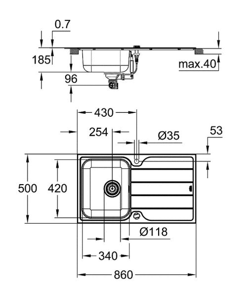 Grohe K500 45-S Edelstahlspüle mit Abtropffläche, edelstahl 31571Sd1 2