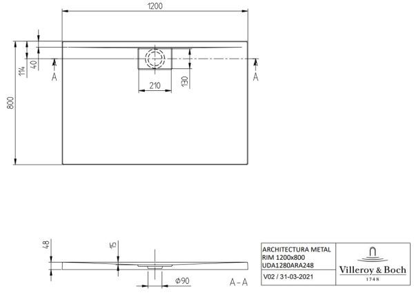 Villeroy&Boch Architectura MetalRim Duschwanne, 120x80cm techn. Zeichnung