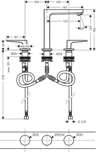 Hansgrohe Metropol 3-Loch Waschtischarmatur 160 mit Zungengriffen und Push-Open Ablaufgarnitur