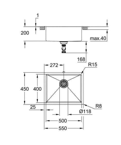 Grohe K700U 60-S Edelstahlspüle 55x45cm, edelstahl 31574SD1 Zeichnung