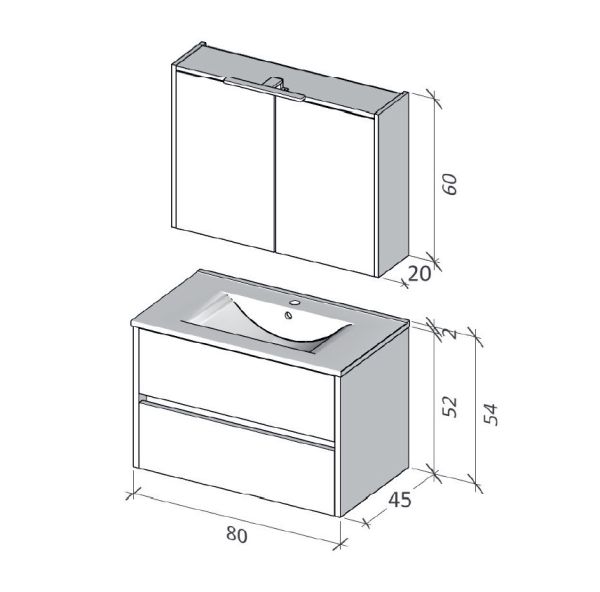 RIHO Porto Wave Waschtisch mit Unterschrank 80cm & LED-Spiegelschrank