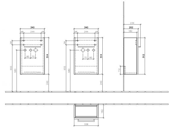 Villeroy&Boch Avento Handwaschbeckenunterschrank, 1 Tür, Türanschlag links, Breite 34cm, Tech. Beschr.
