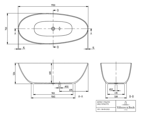 Villeroy&Boch Antao freistehende Badewanne mit SilentFlow, 170x75cm