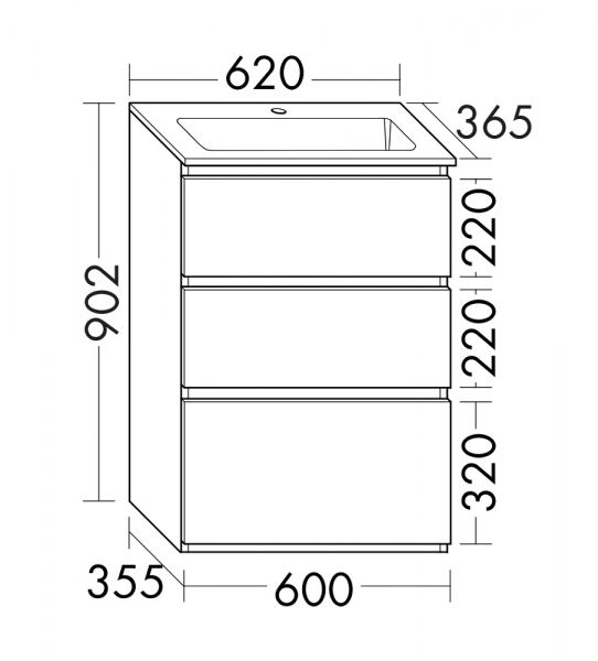 Burgbad Lin20 Mineralguss-Waschtisch 62x36,5cm mit Waschtischunterschrank, 3 Auszüge, bodenstehend