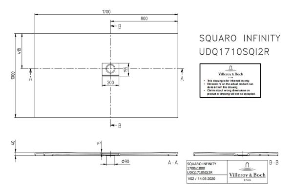 Villeroy&Boch Squaro Infinity Quaryl®-Duschwanne, Eckeinbau rechts gegen Wand, 170x100cm, anthracite, techn Zeichnung, UDQ1710SQI2RV-1S