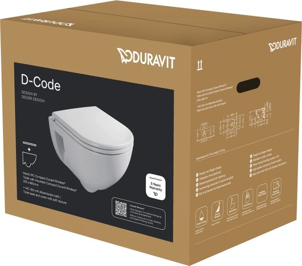 Duravit D-Code Wand-WC Compact rimless Set mit SoftClose WC-Sitz 48x37cm, weiß 45150900A1