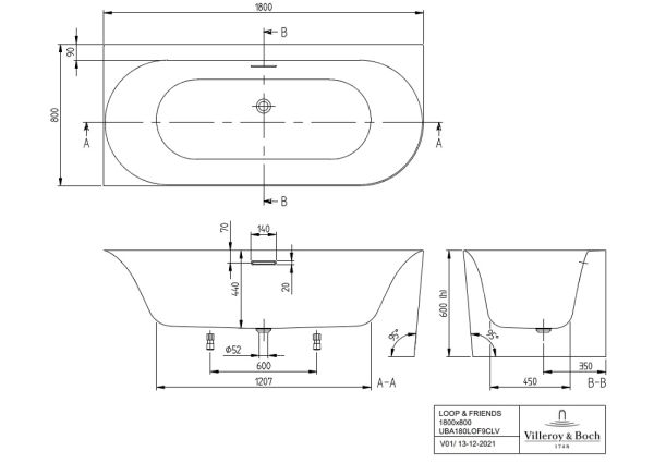 Villeroy&Boch Loop&Friends Oval Duo Vorwand-Badewanne, linke Ausführung, 180x80cm, technische Zeichnung