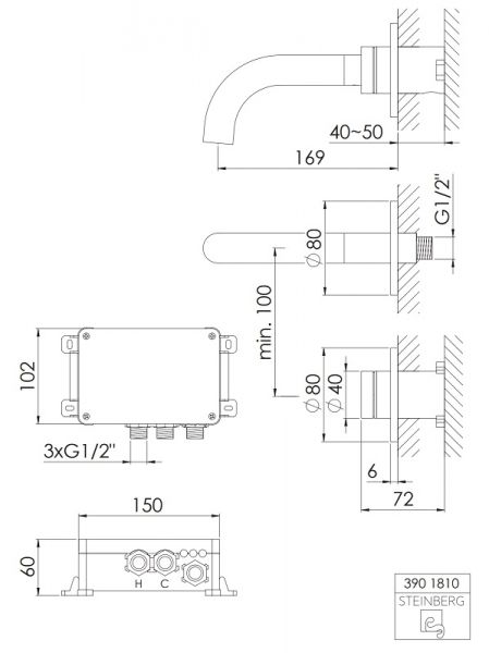 Steinberg IFLOW vollelektronische Wand-Waschtischarmatur