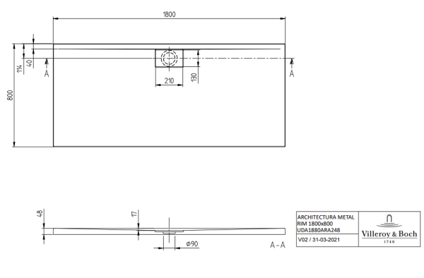 Villeroy&Boch Architectura MetalRim Duschwanne, 180x80cm, weiß, technische Zeichnung