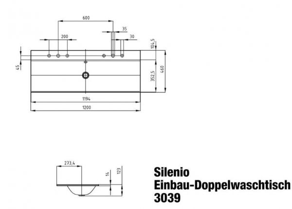 Kaldewei Silenio Einbau-Doppelwaschtisch 120x46x14cm, Perl-Effekt Mod. 3039-D