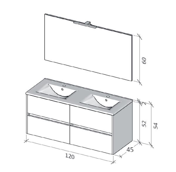 RIHO Porto Wave Doppelwaschtisch mit Unterschrank 120cm & LED-Spiegel, 4 Auszüge
