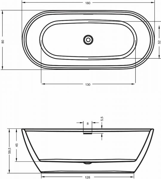 RIHO Inspire freistehende Badewanne oval 180x80cm Zeichnung
