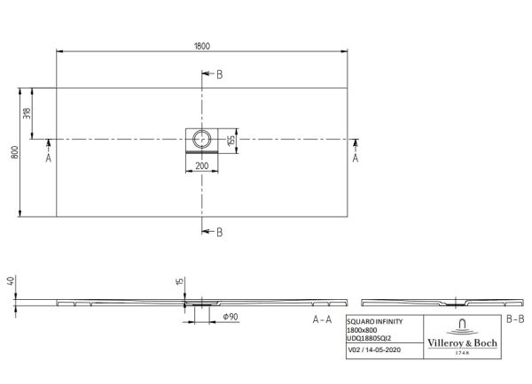 Villeroy&Boch Squaro Infinity Quaryl®-Duschwanne universal einbaubar (selb. zuschneidbar),180x80cm UDQ1880SQI2V-1S