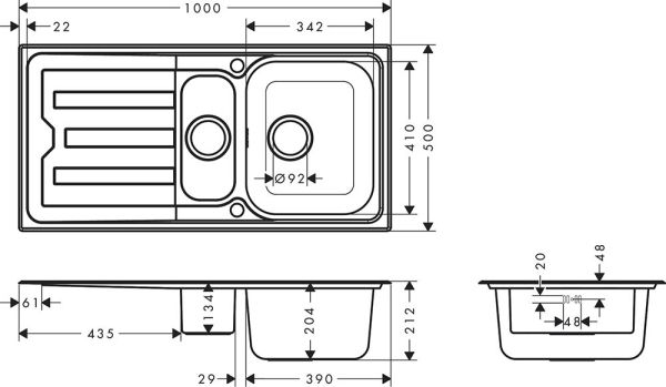 Hansgrohe S44 S440-A517 Edelstahlspüle 342/145 100x50cm, Zusatzbecken & Ablaufgarnitur, edelstahl