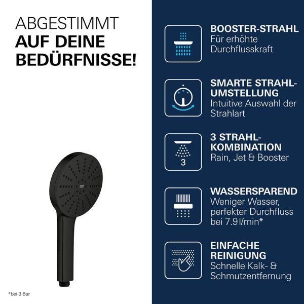 Grohe Vitalio Joy+ 120 Handbrause mit 3 Strahlarten, 7,9 l/min, schwarz matt 