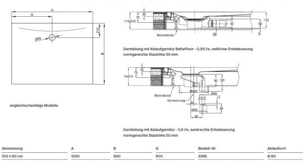 Bette BetteFloor Side Rechteck Duschwanne 100x80cm