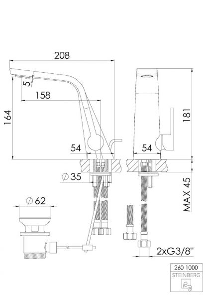 Steinberg Serie 260 Waschtisch-Einhebelmischbatterie mit Ablaufgarnitur