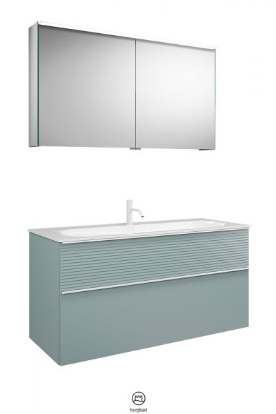 Burgbad Fiumo Badmöbel-Set 122cm, Spiegelschrank, Waschtisch, WT-Unterschrank mit Plisséefront in eisblau softmatt SFXV122 