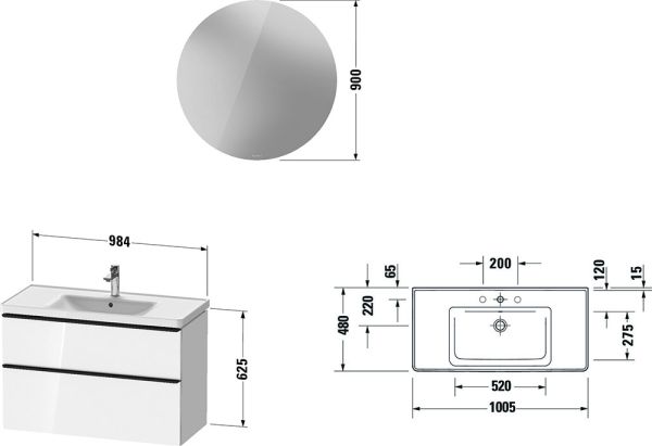 Duravit D-Neo Möbel-Set 100,5cm mit Waschtisch, Waschtischunterschrank und rundem Spiegel