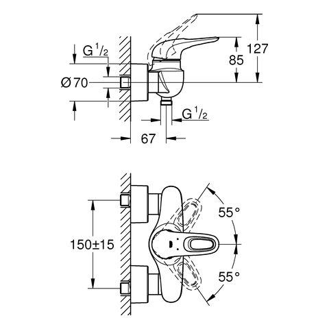 Grohe Eurostyle Einhand-Brausebatterie, offener Hebelgriff, chrom