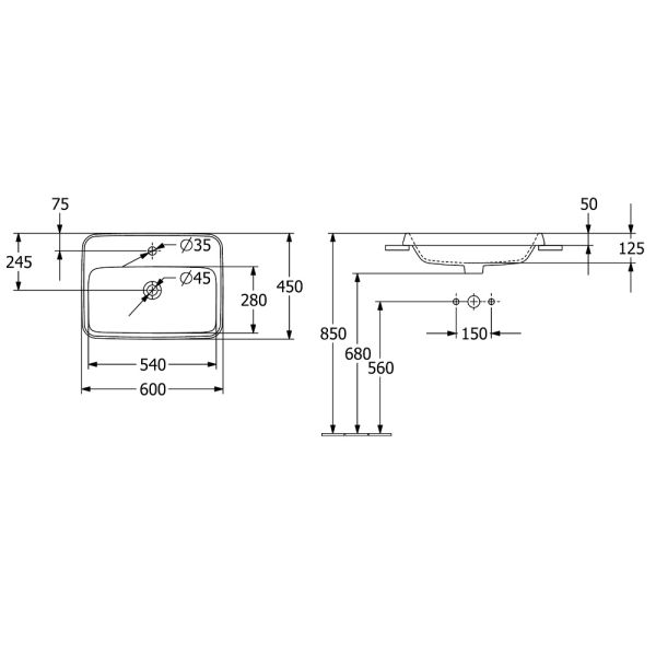 Villeroy&Boch Architectura Einbauwaschtisch, rechteckig, 60x45cm, weiß,5A676001