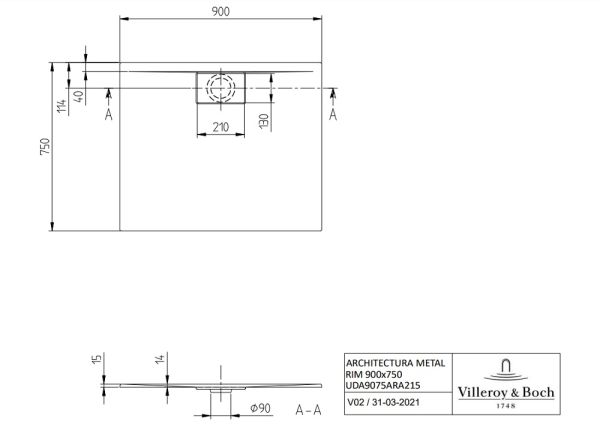 Villeroy&Boch Architectura MetalRim Duschwanne, 90x80cm UDA9075ARA215V-01