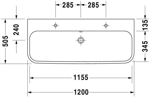 Duravit Happy D.2 Waschtisch 120x50,5cm, mit Überlauf, 2 Hahnlöcher, geschliffen, WonderGliss, weiß 23181200261