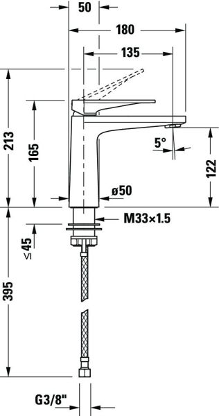 Duravit Tulum Einhebel-Waschtischmischer Fresh-Start ohne Zugstangen-Ablaufgarnitur, schwarz, TU1021002046, techn. Zeichnung