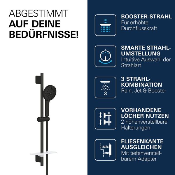 Grohe Vitalio Joy+ 120 Brausestangen-Set, Handbrause mit 3 Strahlarten, schwarz matt 1348662430