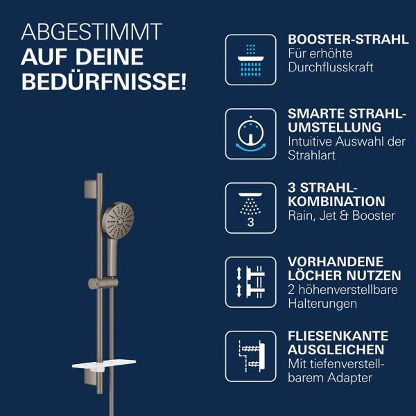 Grohe Vitalio Joy+ 120 Brausestangen-Set, 3 Strahlarten, hard graphite gebürstet