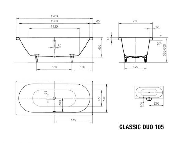 Kaldewei Classic Duo Rechteck Badewanne 170x70x42cm Mod. 105