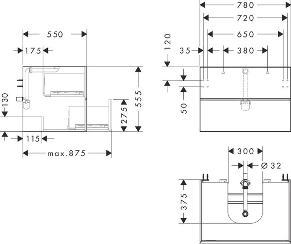 Hansgrohe Xevolos E Waschtischunterschrank 78x55cm für Aufsatzwaschtisch mit Konsole, 2 Schubkästen