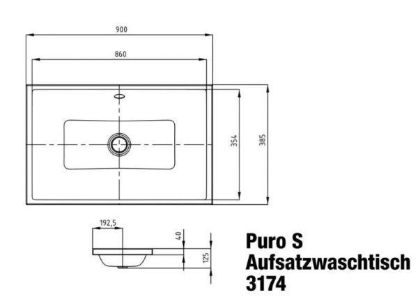 Kaldewei Puro S Aufsatzwaschtisch 90x38,5x40cm, ohne Hahnloch mit Perl-Effekt, Mod. 3174