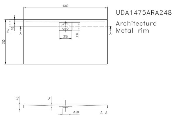 Villeroy&Boch Architectura MetalRim Duschwanne inkl. Antirutsch (VILBOGRIP),140x75cm, weiß UDA1475ARA248GV-01 techn. Zeichnung