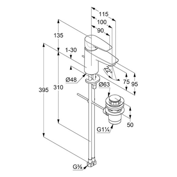 Kludi Pure&Solid Waschtisch-Einhandmischer 75 mit Ablaufgarnitur, chrom