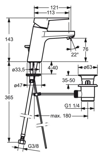 Hansa Hansatwist Waschtisch-Einhand-Einlochbatterie, Bügelhebel, mit Ablaufgarnitur, G3/8, chrom