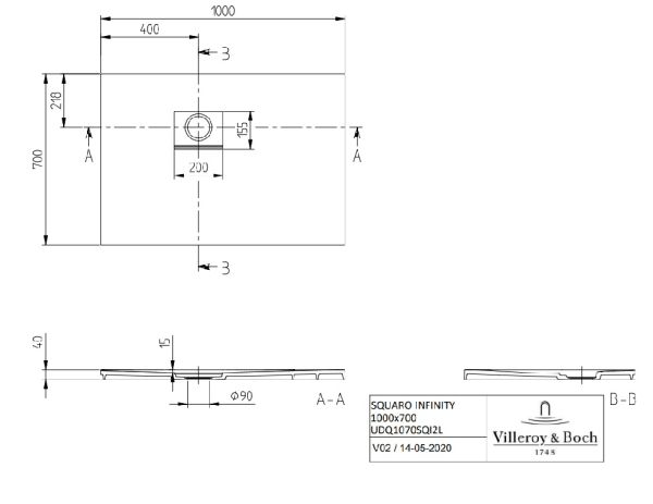 Villeroy&Boch Squaro Infinity Quaryl®-Duschwanne, Eckeinbau links gegen Wand, 100x70cm UDQ1070SQI2LV-1S