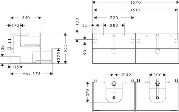 Hansgrohe Xevolos E Waschtischunterschrank 157cm für 2 Aufsatzwaschtische mit Konsole, 4 Schubkästen