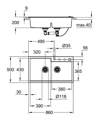 Grohe K500 90-C Kompositspüle mit Doppelbecken, granit schwarz