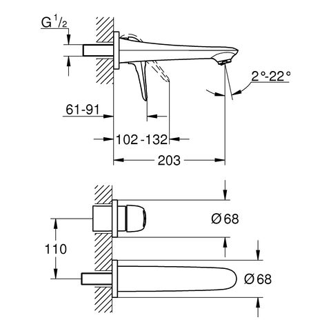 Grohe Eurostyle 2-Loch-Waschtischbatterie, offener Hebelgriff, Ausladung 203mm, chrom