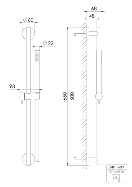 Steinberg Serie 340 Brausegarnitur mit Brausestange 66cm, Stab-Handbrause, Brauseschlauch 150cm