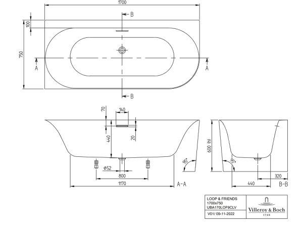 Villeroy&Boch Loop&Friends Oval Eck-Badewanne 170x75cm, links