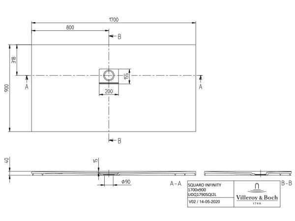 Villeroy&Boch Squaro Infinity Quaryl®-Duschwanne, Eckeinbau links gegen Wand, 170x90cm UDQ1790SQI2LV-1S