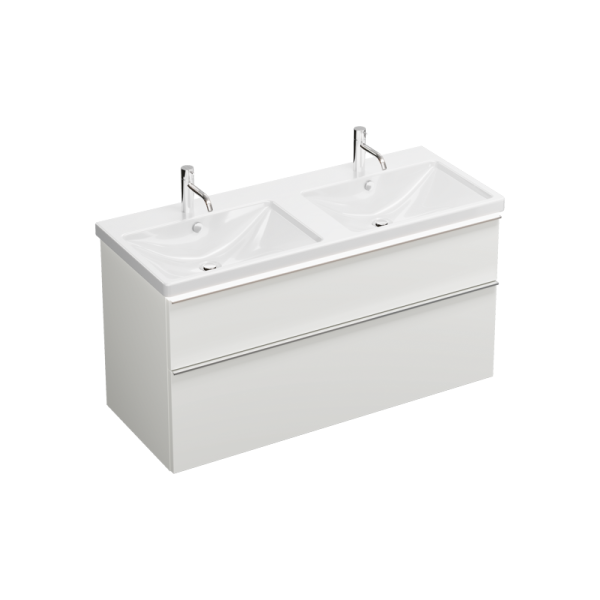 Burgbad Eqio Keramik-Doppelwaschtisch 123cm mit Unterschrank, LED-Beleuchtung, 2 Auszüge weiß glanz Griffleiste chrom SEZC123F2009C0001G0251